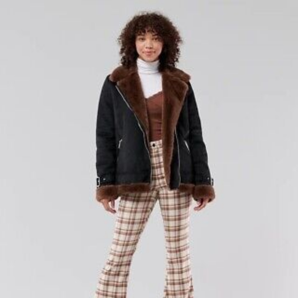 Hollister faux shearling moto biker jacket coat black.